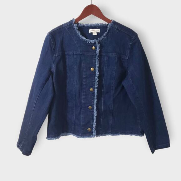 Coldwater Creek Frayed Edge Stretch Denim Jacket Collarless Drk Blue Sz Lg Boho - Picture 1 of 13